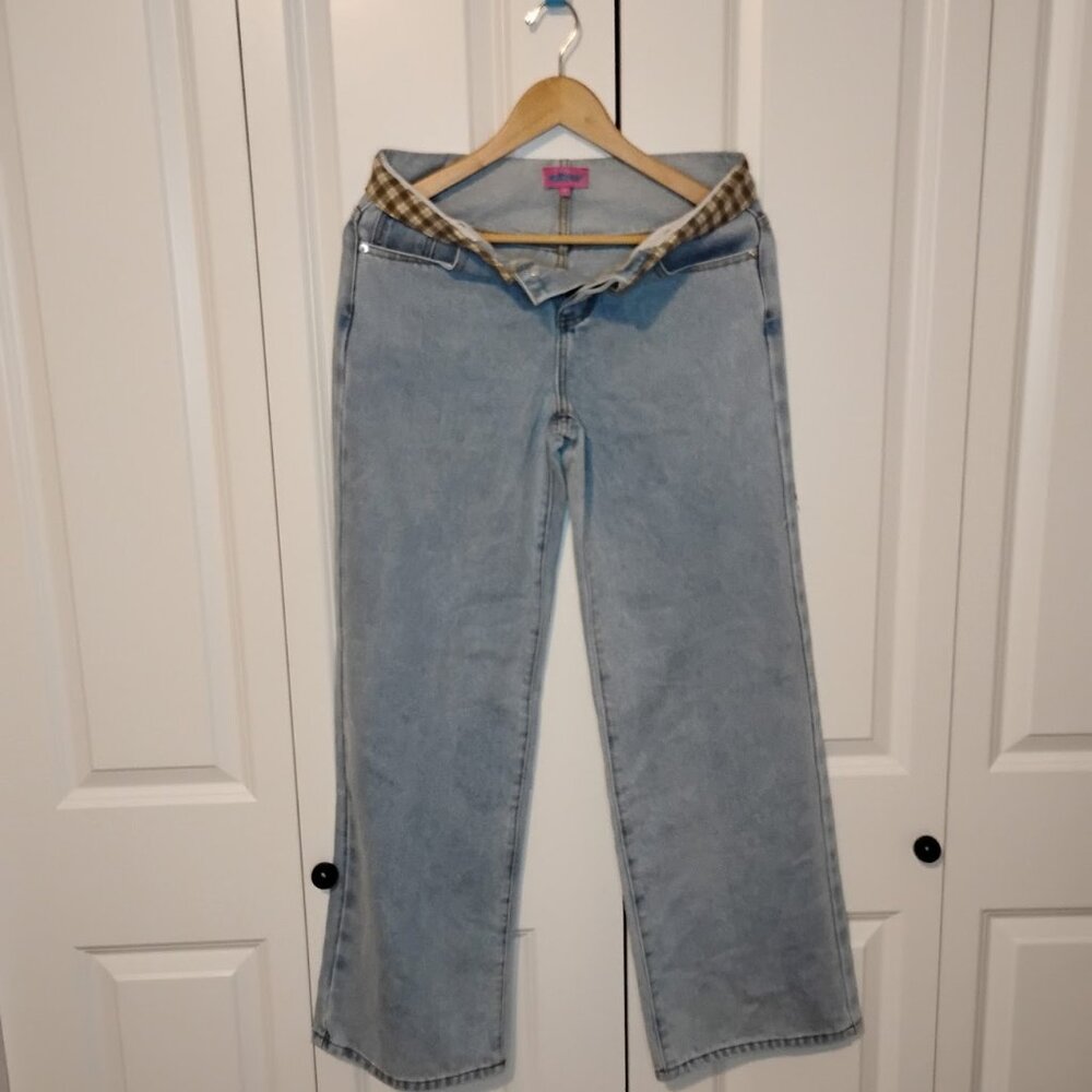 Edikted Women's Light Blue Peekaboo Plaid Low Rise Straight Leg Jeans Size S - Picture 2 of 4